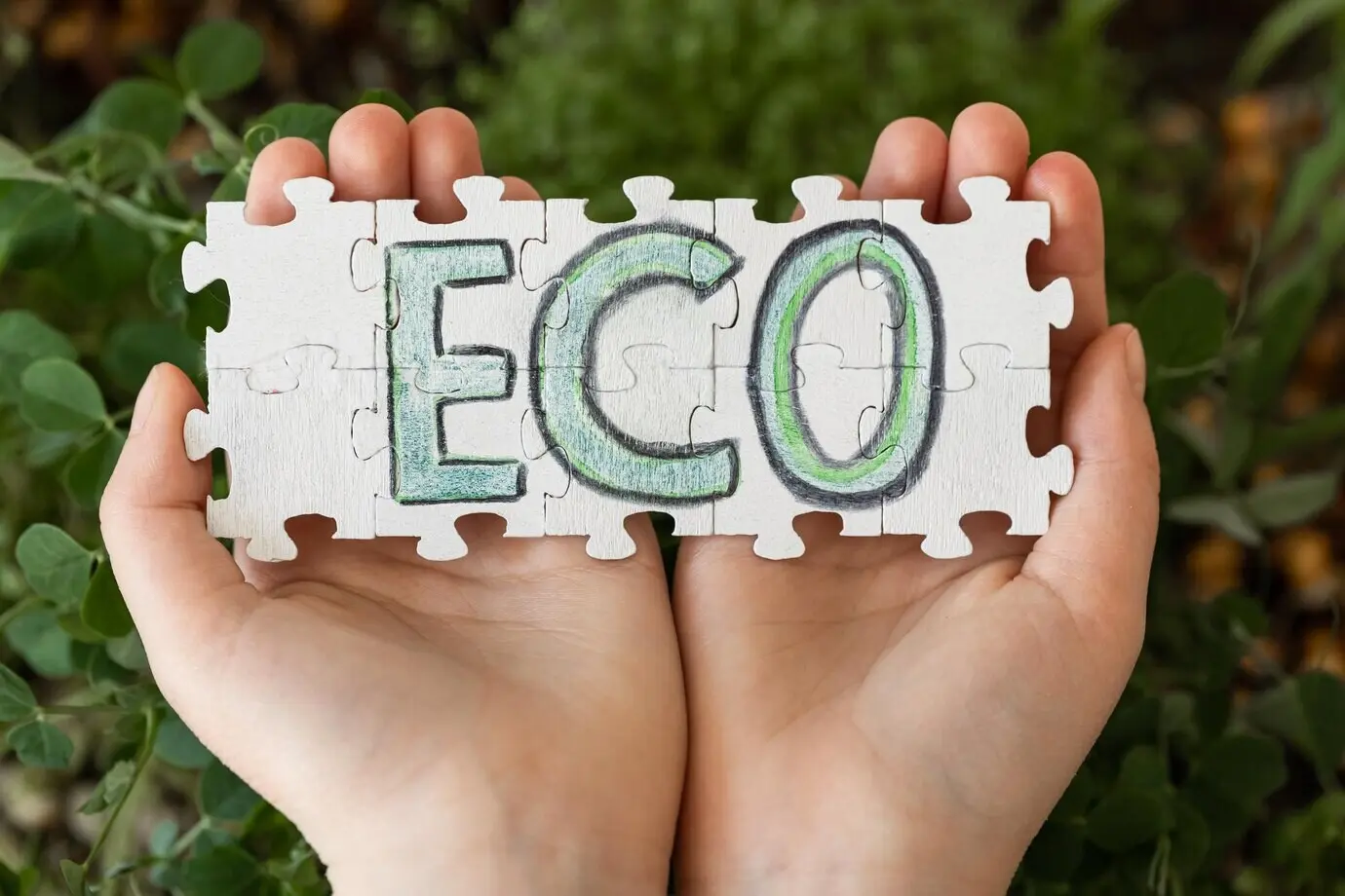 V rukou držené puzzle s nápisem „eco“ na pozadí mikrobylinek.