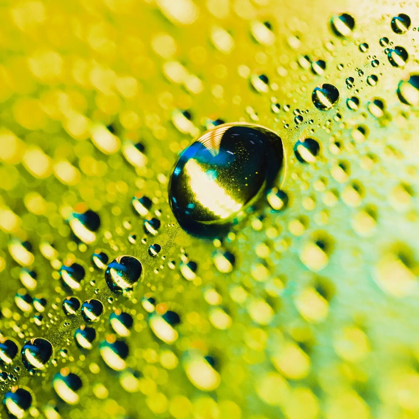Makro detail kapky rosy na žlutém zářícím bokeh pozadí.